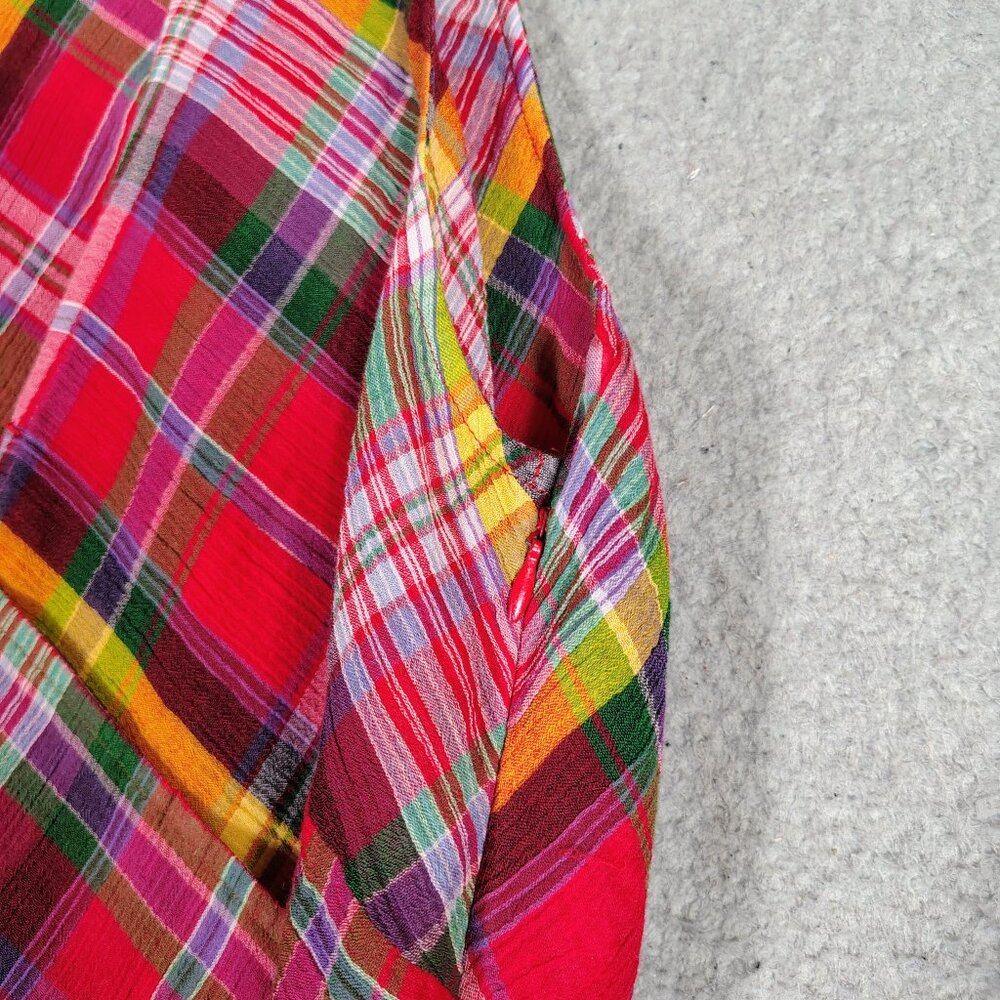 Lauren Ralph Lauren Midi Dress Women's 12 Red Multi Plaid Crinkle Surplice Neck - Picture 6 of 11